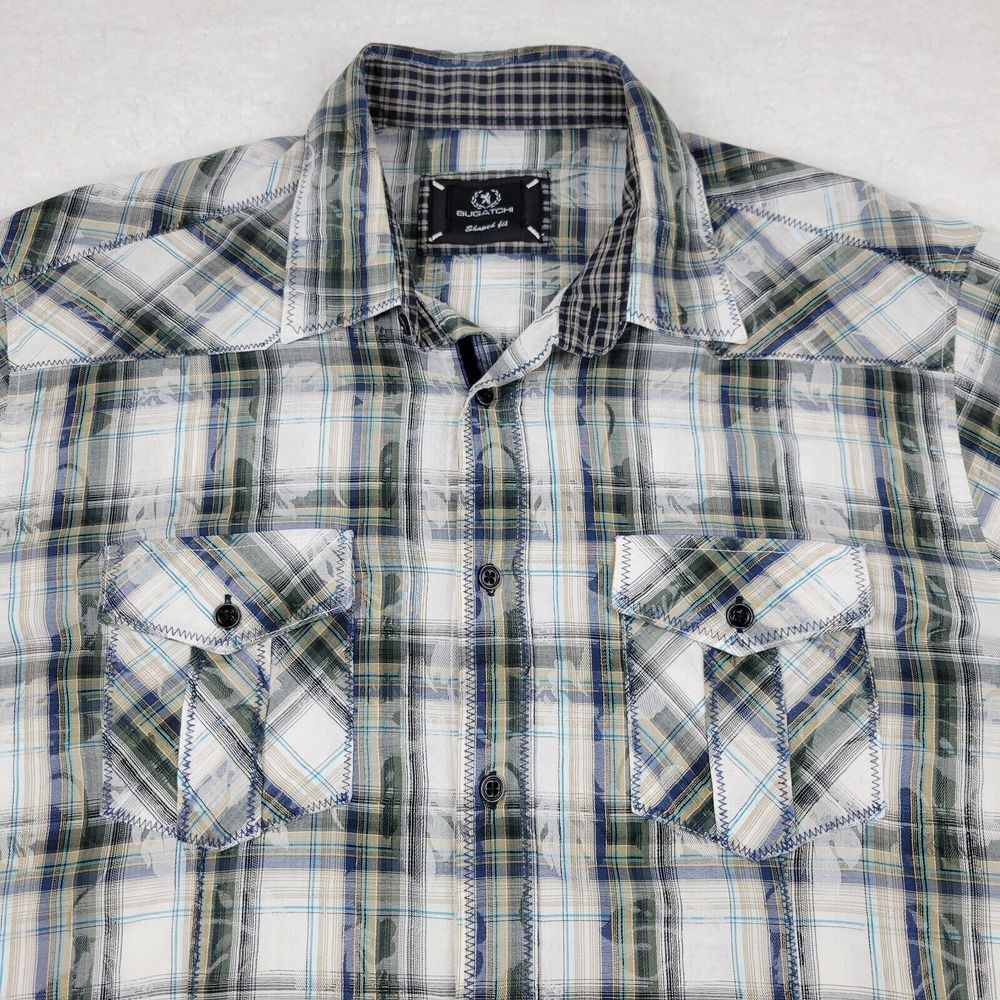 Bugatchi Uomo Shaped Fit Button Up Shirt Mens Large L Tropical‎ Plaid Colorful